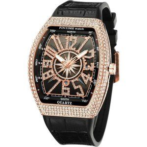 Men Women Rosegold Black Hip Hop Fashion Stainless Steel Quartz Analog Watch